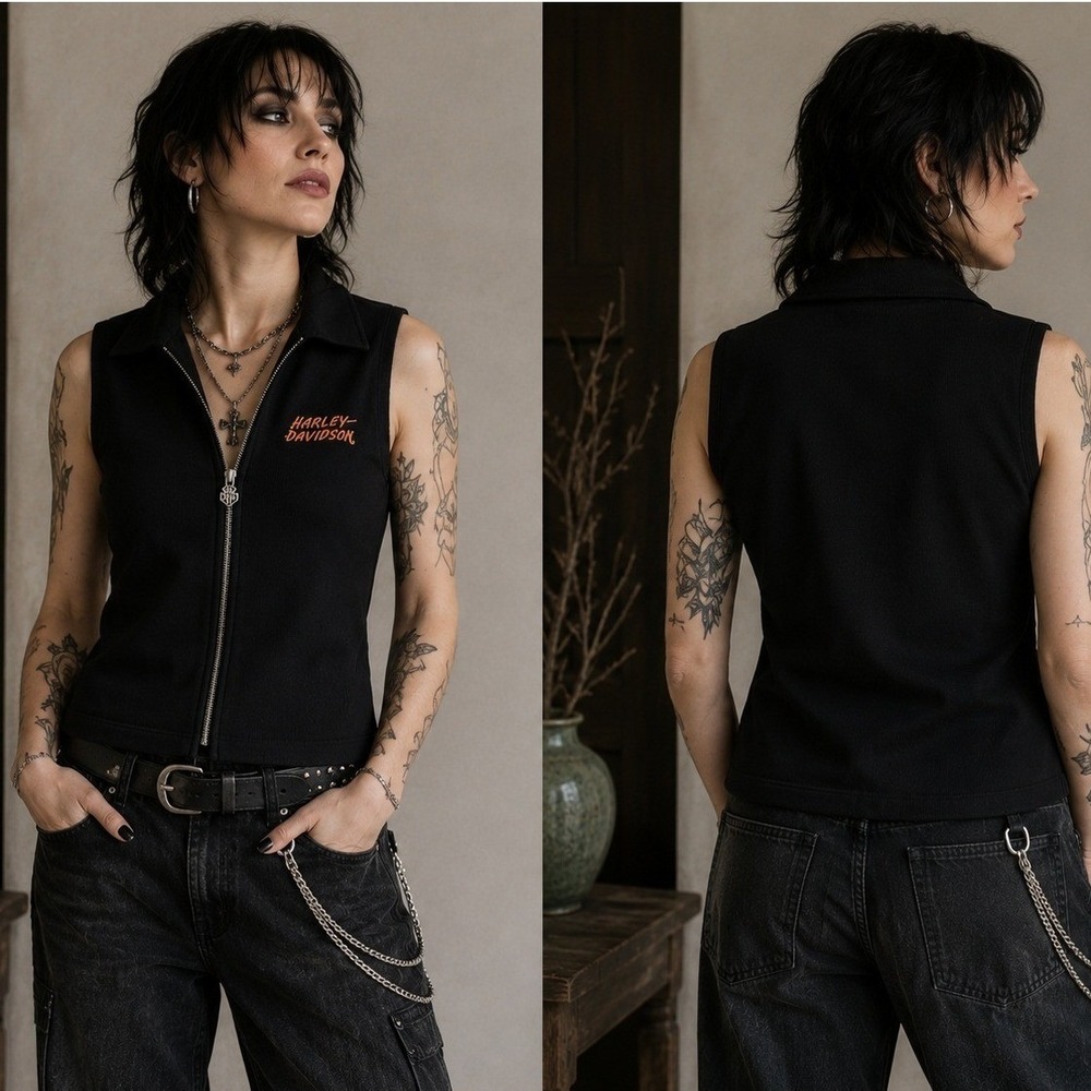 Harley Davidson Vest Women's XL Full Zip Sleeveless Sweater V Neck Black